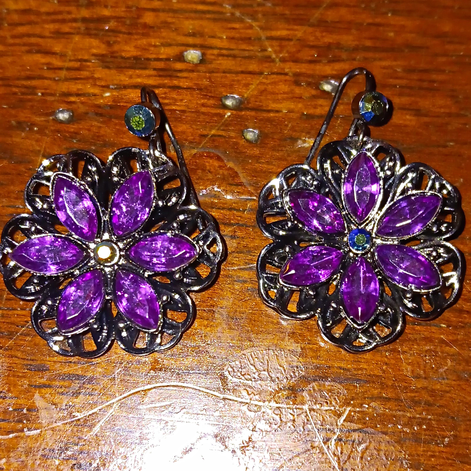 Purple Crystal Flower Dangle/Drop Hook Earrings Marquise Cluster