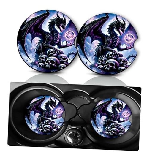 2 Pack Car Cup Holder Coasters 2.75″ Universal Size Anti Slip Dragon and Skulls