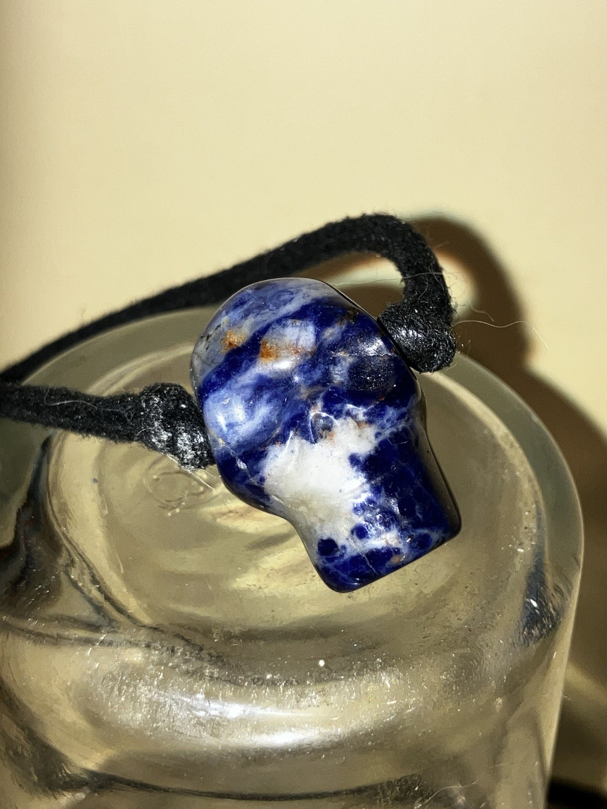 Adjustable Black Cord Necklace Skull Charm Pendant Blue & White Stone