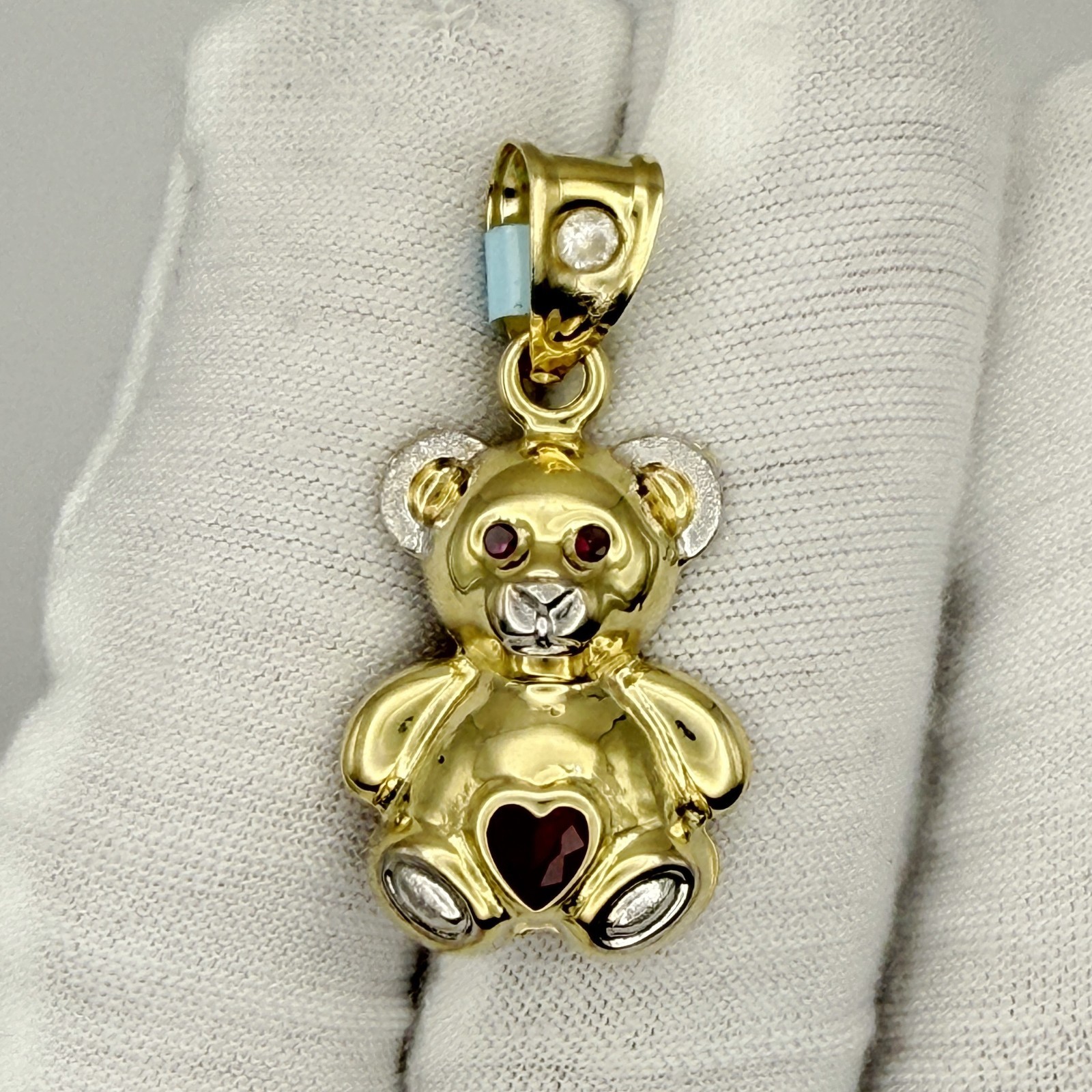 10k Two-tone Gold Red White Heart Round Cubic-Zirconia Teddy Bear Charm Pendant