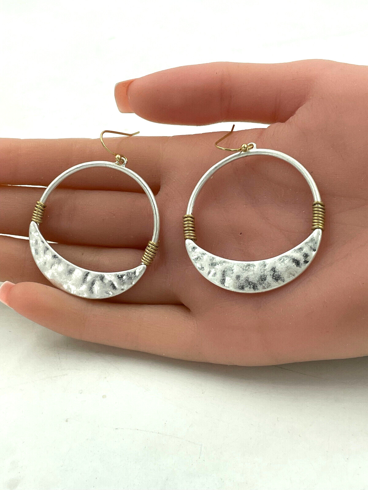 Wire Wrapped Textured Round Drop Dangle Earrings Silver