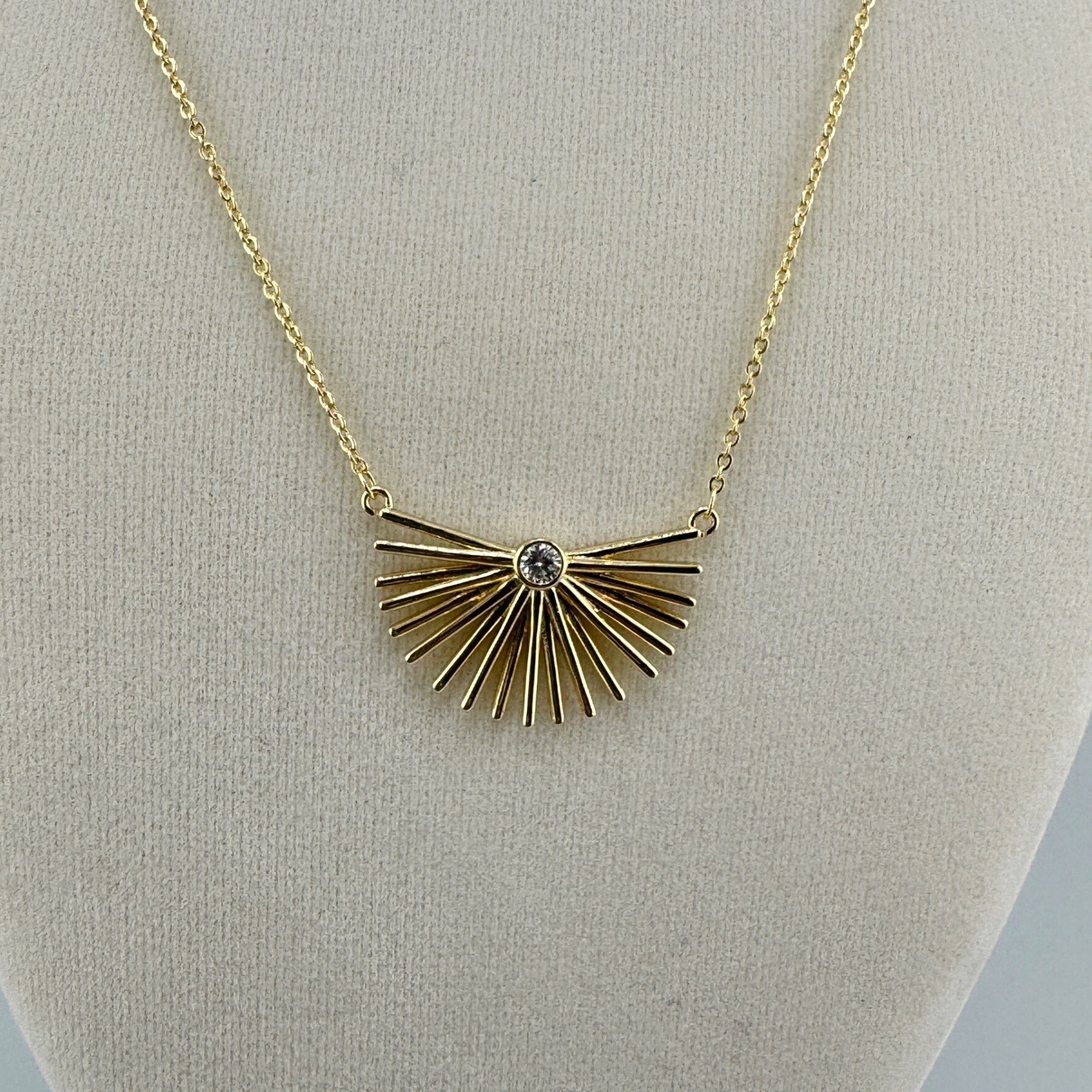 Gold Sunburst Pendant Necklace Art Deco Fan Crystal Accent Adjustable Chain