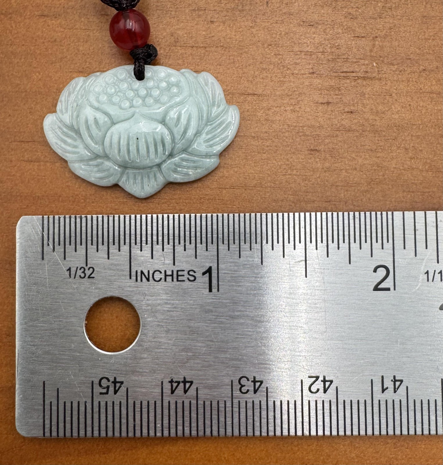 Boho Stone Pendant Necklace Green Carved Lotus Flower Red Bead Cord 28in