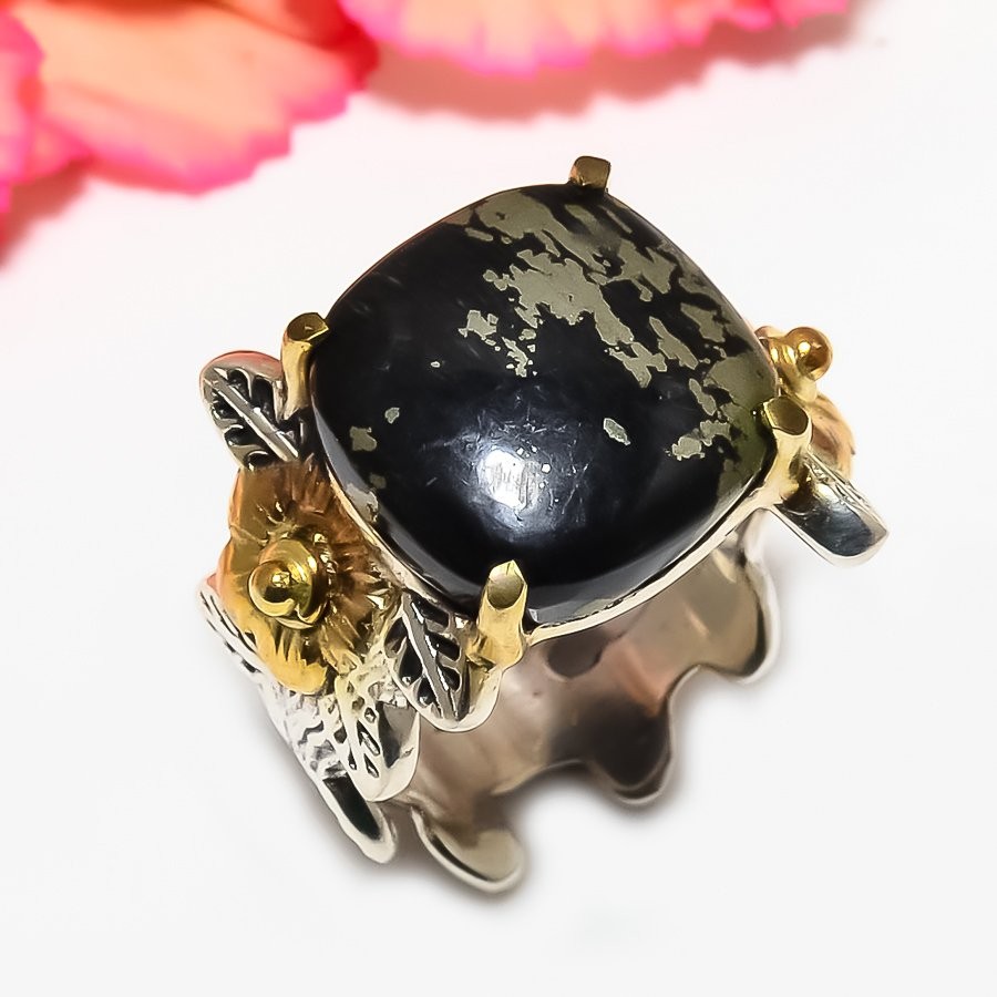 Pyrite In Magnetite Gold Plated Two Tone 925 Silver Designer Ring s.7.5 T2