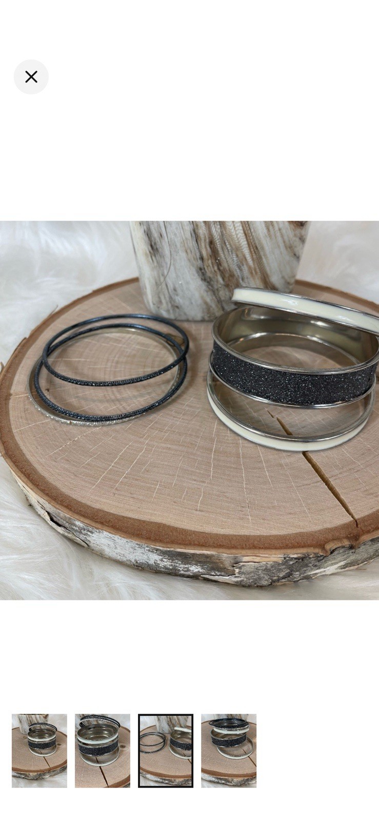 Stackable Silver Tone Bangle Bracelet Set Black Glitter White Enamel Slip-On