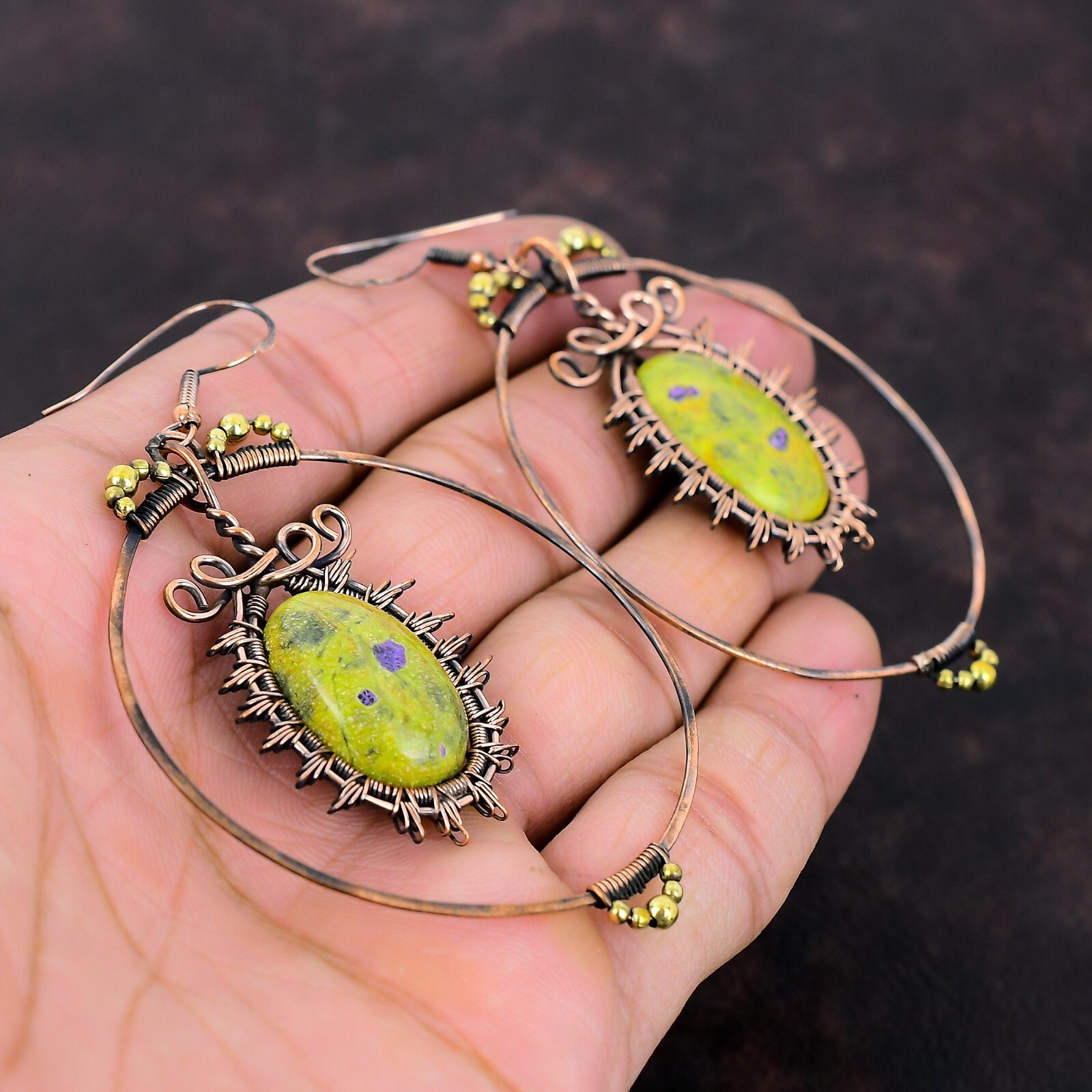 Gift For Her Stichtite Wire Wrapped Drop/Dangle Earrings Copper Jewelry 3.35″