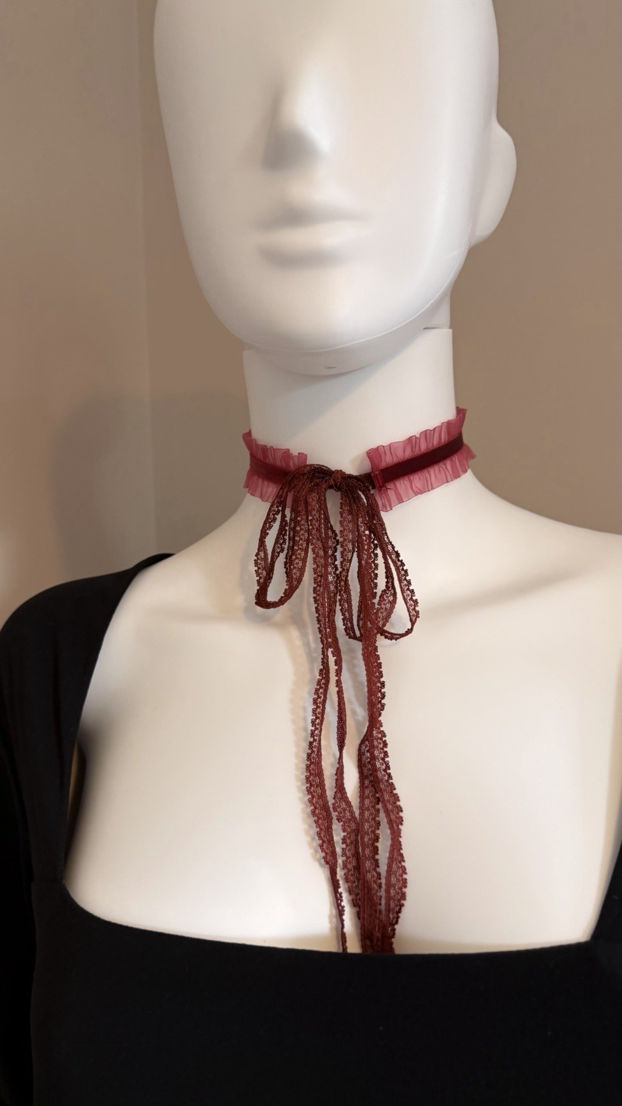 Burgundy Velvet Lace Ruffle Choker Necklace Gothic Victorian Coquette Tie Neck