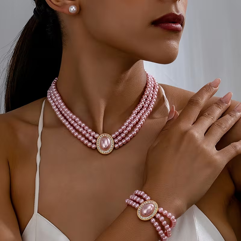 Pink Pearl Jewellery Set Necklace Bracelet Earrings Bridal Wedding Women Gift