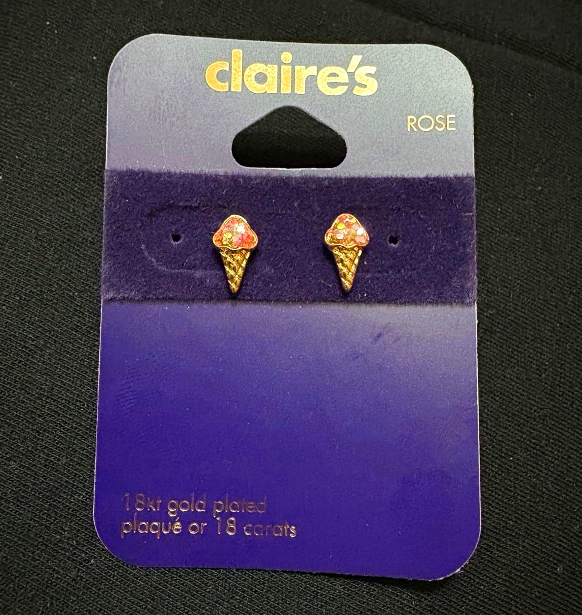 Claire’s 18K Gold Plated Pink Crystal Ice Cream Cone Stud Earrings Girl Ice Crea