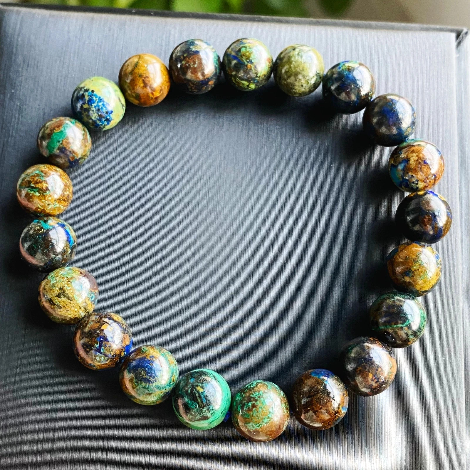 9.8mm Natural Color Azurite & Malachite Crystal Quartz Beads Bracelet C1821