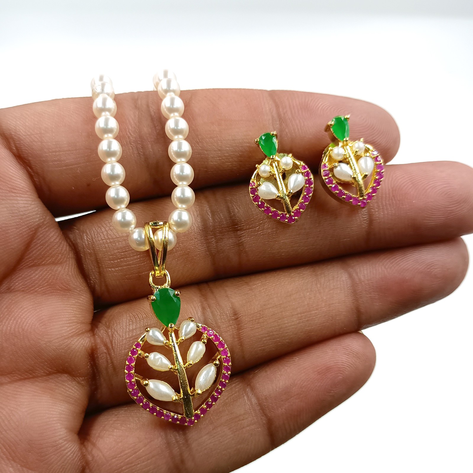 Ruby Emerald Pearl Pendant Set, 22k Gold Plated Traditional Indian Wedding Jewel