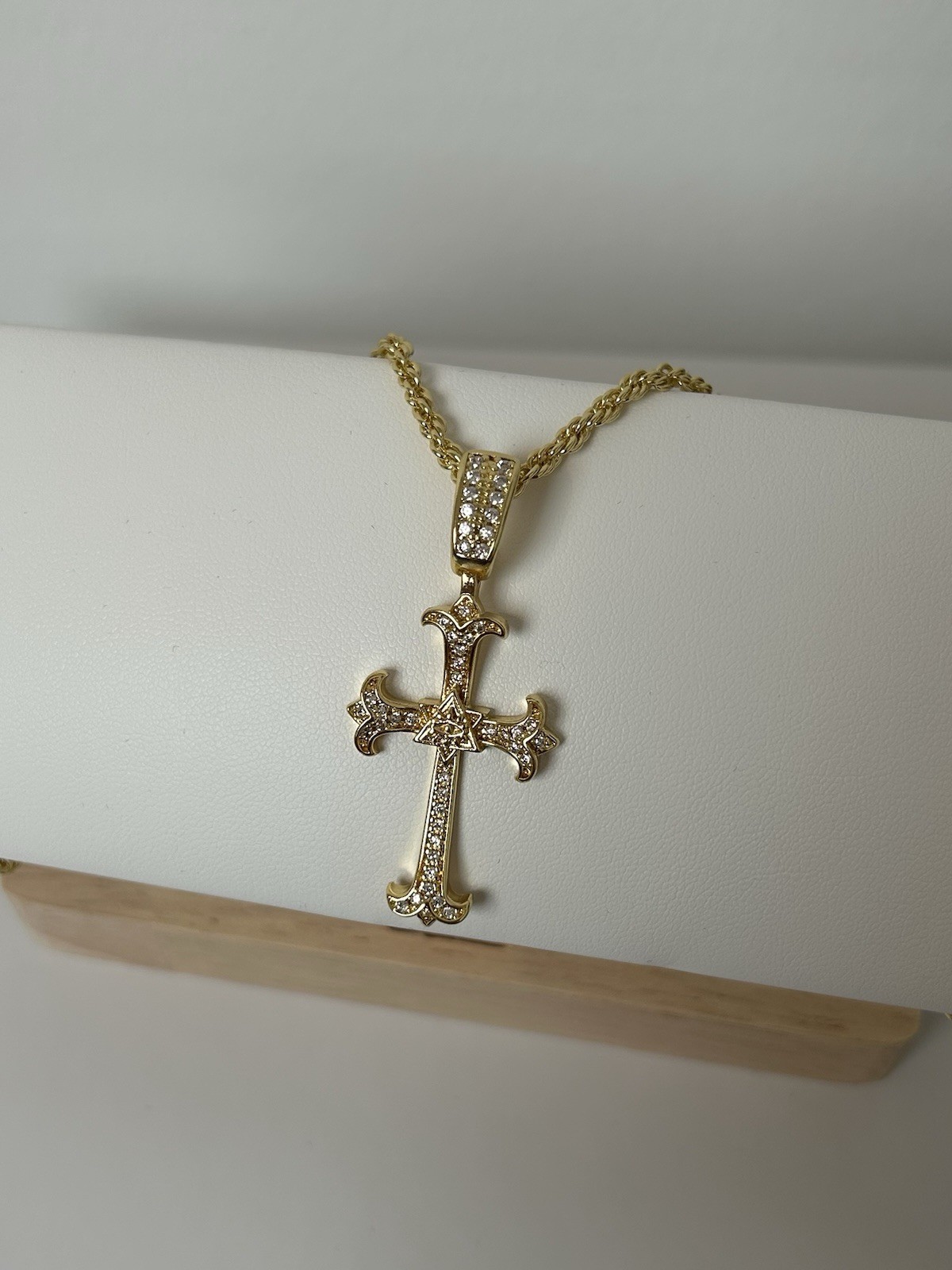18K Gold XP Cross Necklace – Iced CZ Stones – 55cm Elegant Rope Chain (22’)