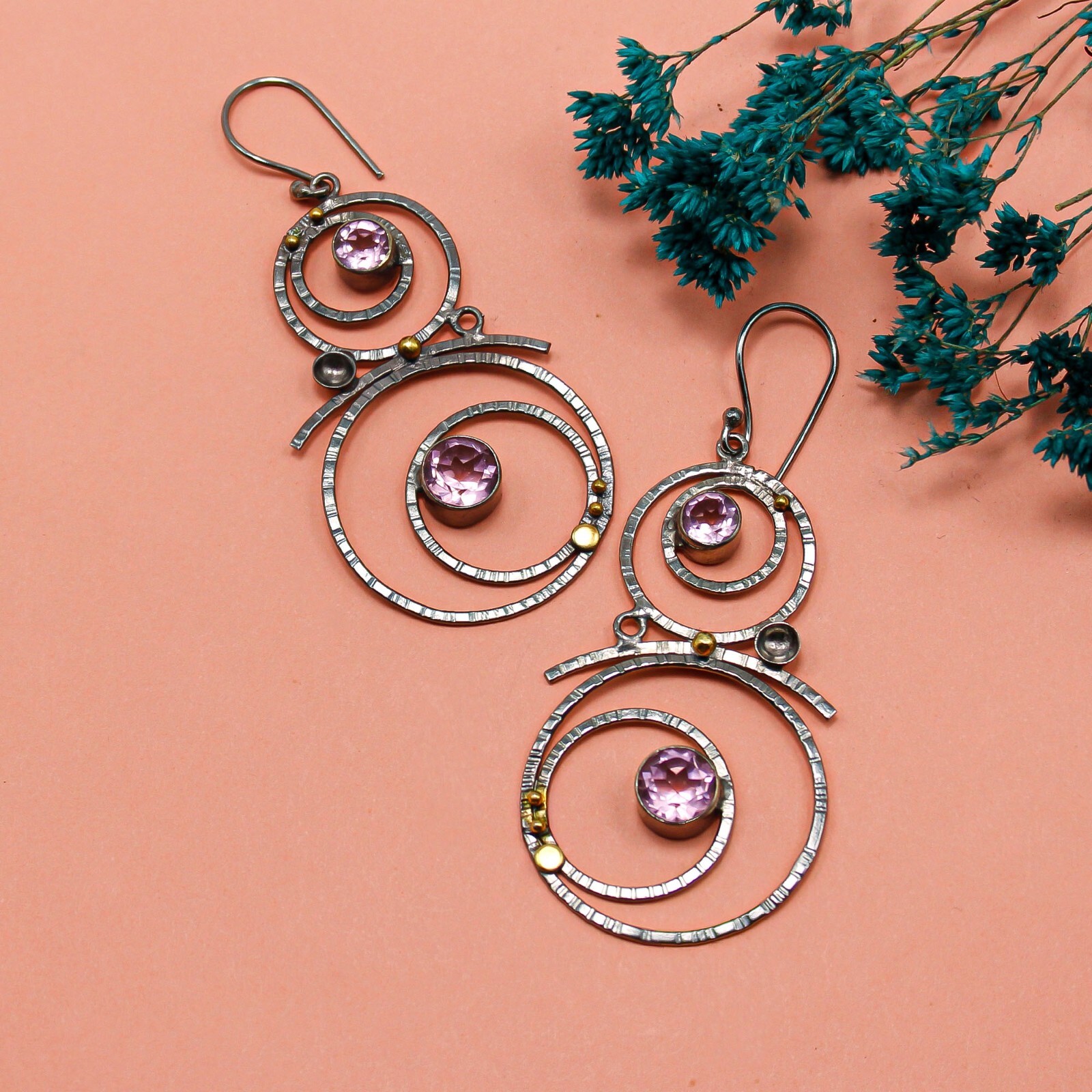 Morganite Drop/Dangle Earrings Handcrafted Black Ruthenium Ethnic Gift 2.86″
