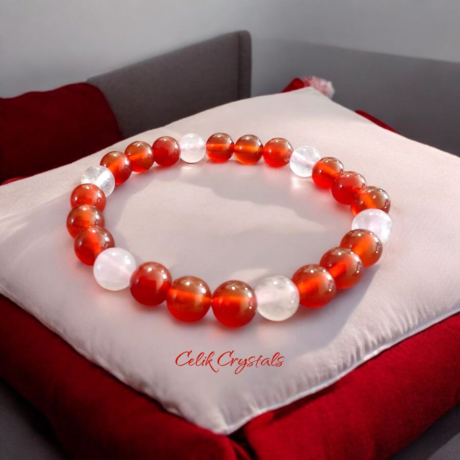 Rose Quartz & Carnelian Bracelet 2 Piece Set Natural Stones 8mm Stretches