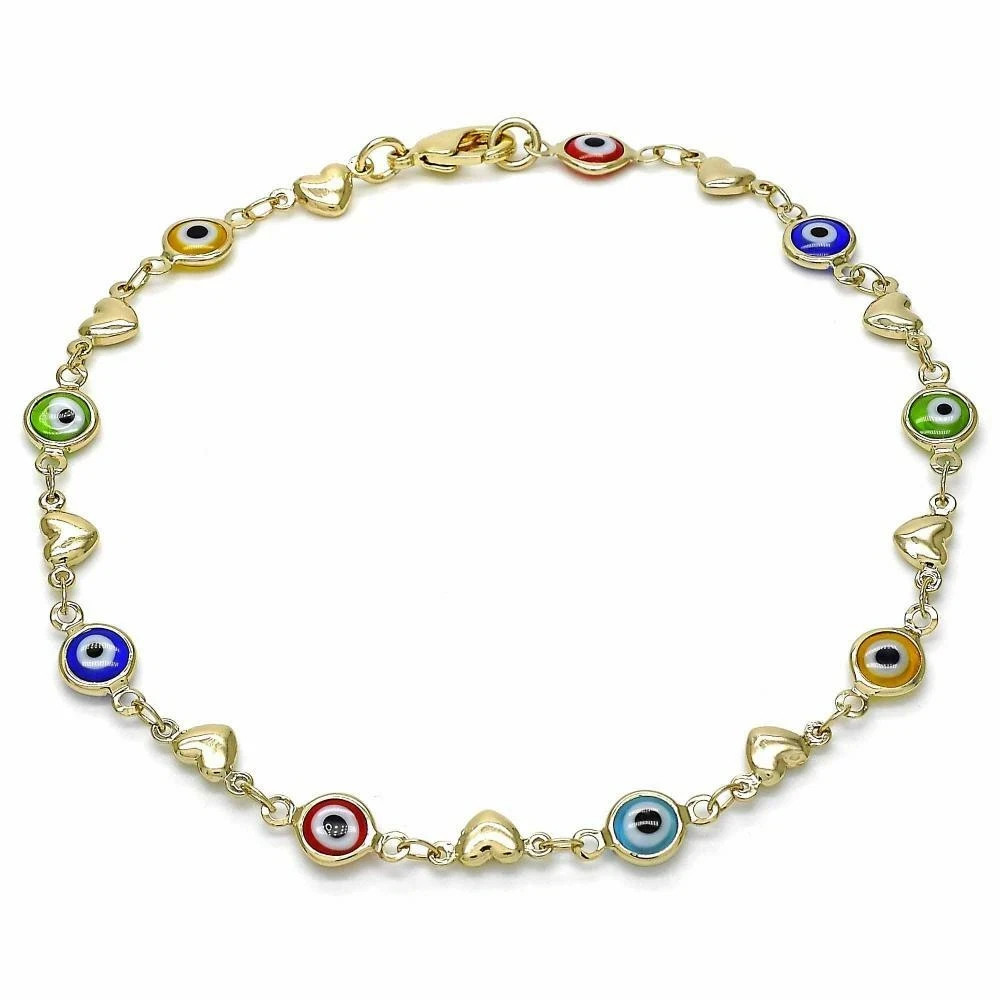 18k Gold Filled Multi Color evil eye with Hearts Ankle Bracelet 9.5 inch