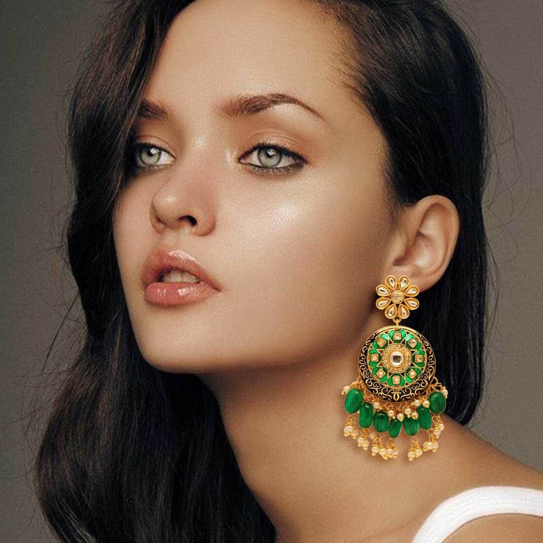Bollywood Celebrity Style Kundan Meenakari Earrings Indian Latest Designer Green