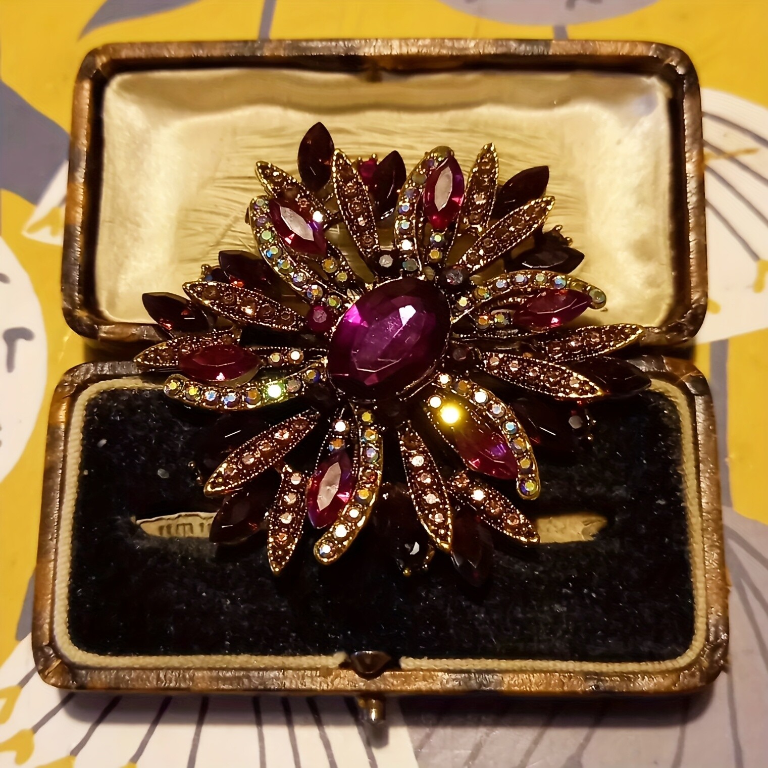 Vintage Style Large Sparkly Purple Flower Brooch Pin with Gemstones