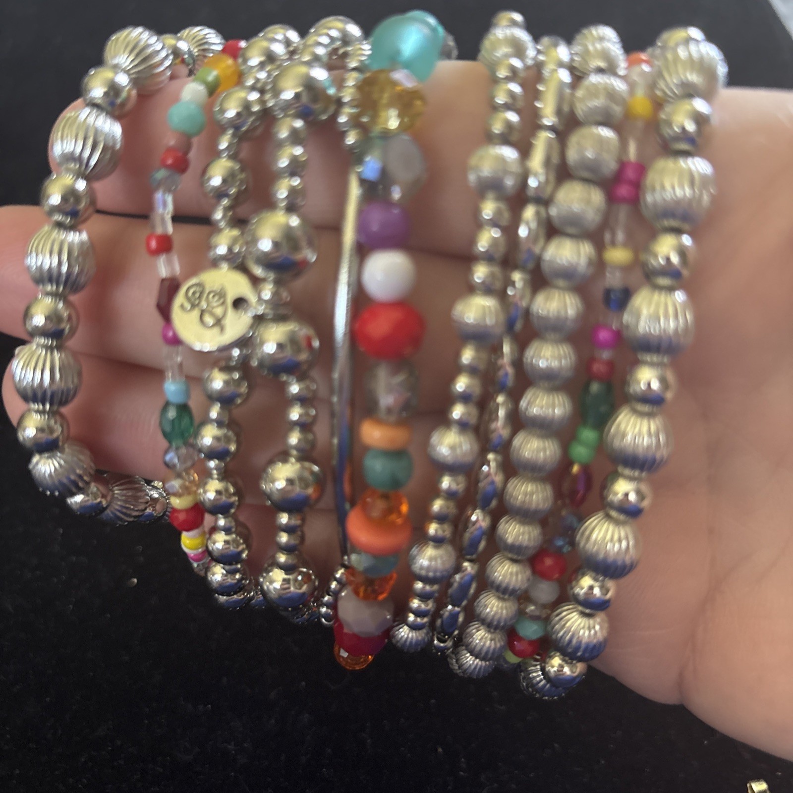 Plunder Light Weight Silver With Colorful Beaded Stretch Bracelets