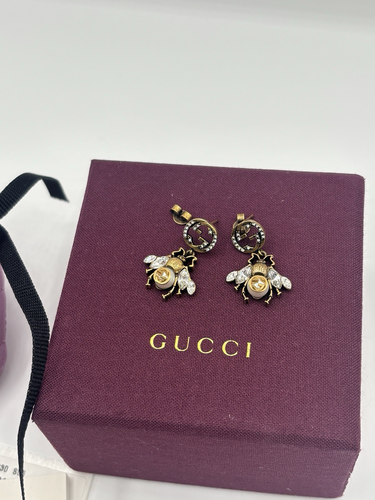 GUCCI Earrings Limited Vintage Rare AUTH Logo Gold Bee Motif Pearl Rhinestone Gp