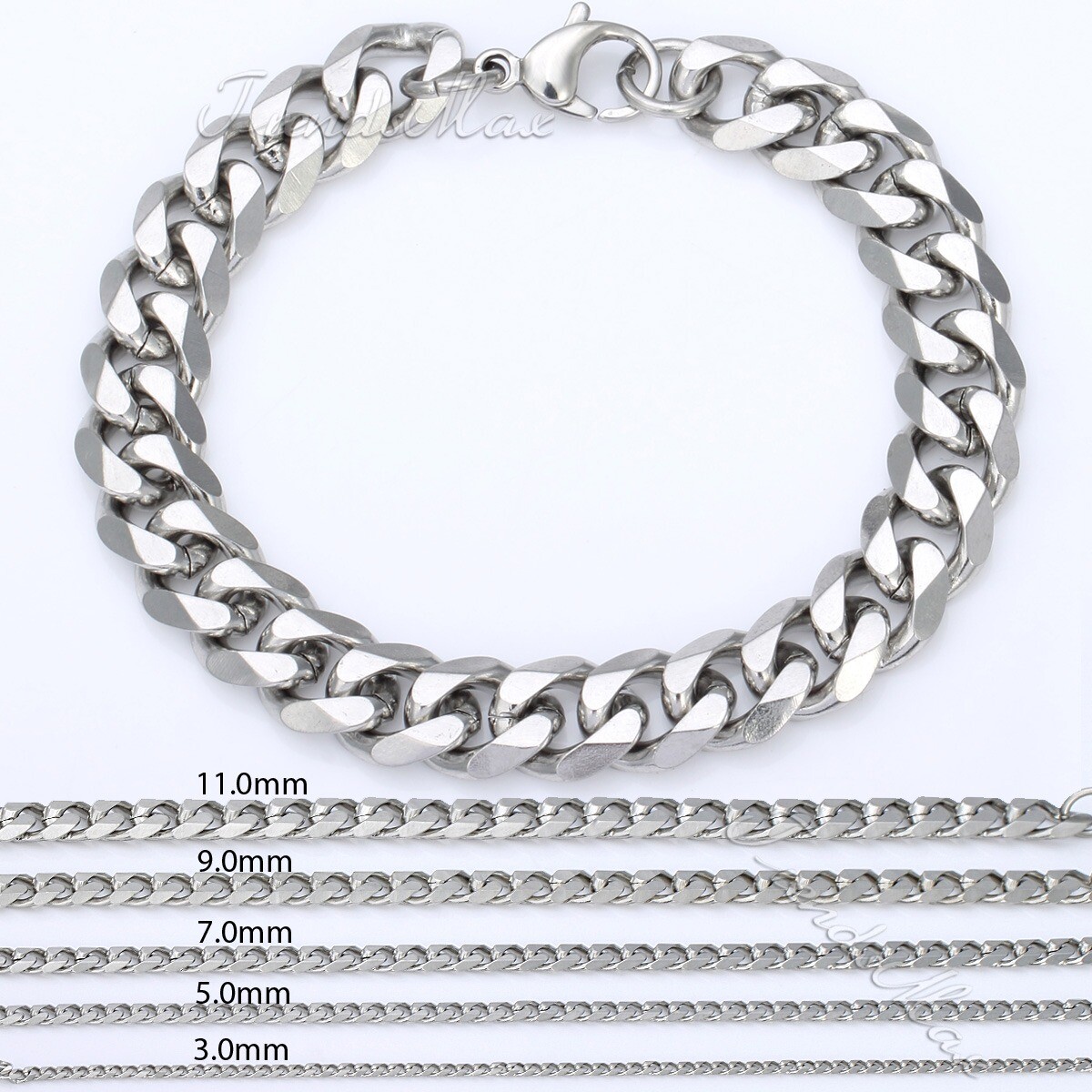 3-11MM 7-11″ Silver Stainless Steel Curb Cuban Chain Bracelet Hand Wrist Jewelry