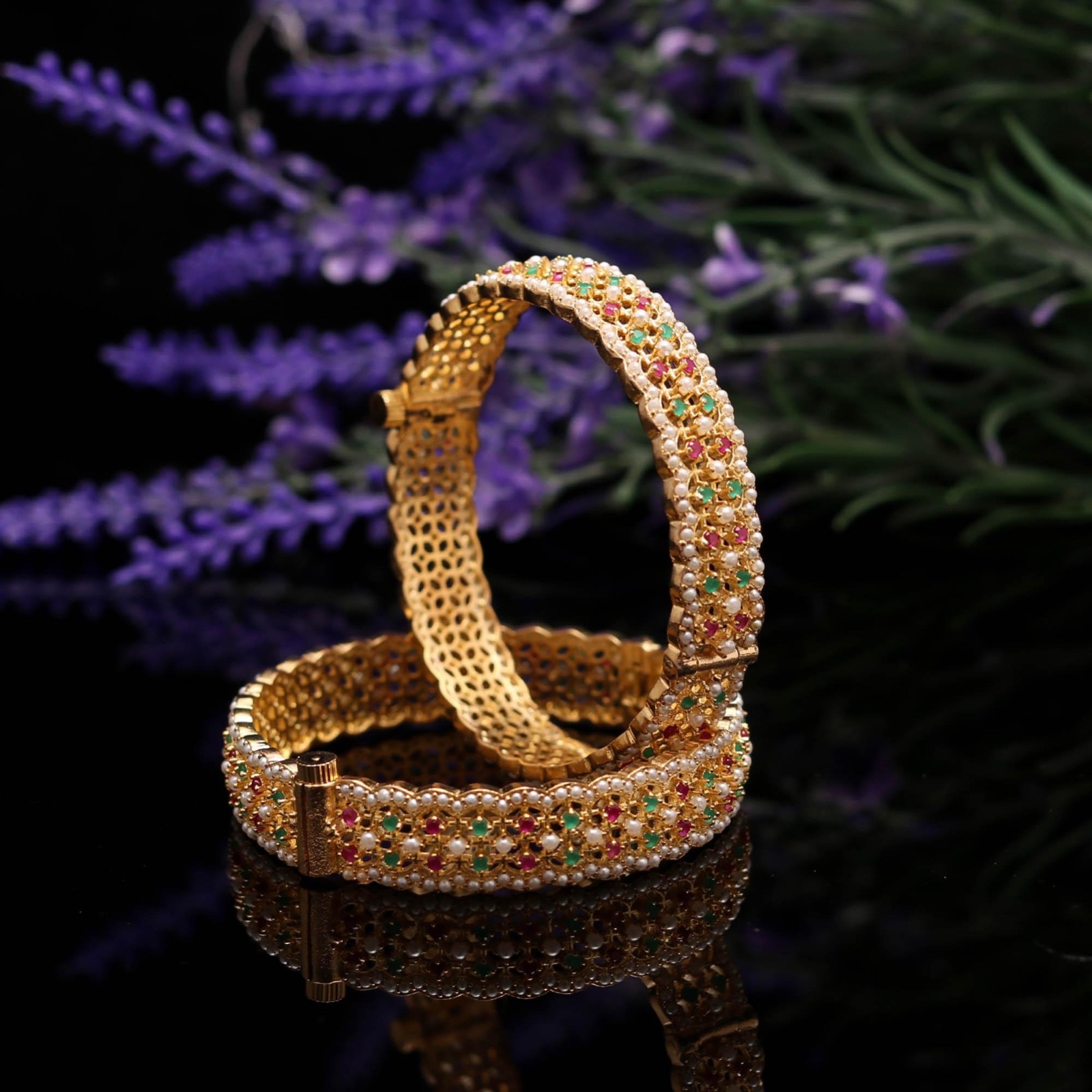 Ruby Emerald Pearl Wedding Indian Bangle-Bridesmaid Gift- Gold Plated Bangle