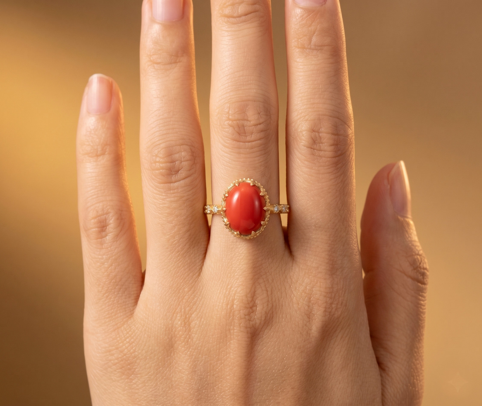 Red Coral Ring, Brass Gold Alloy , Birthday Gift Her, Women Ring