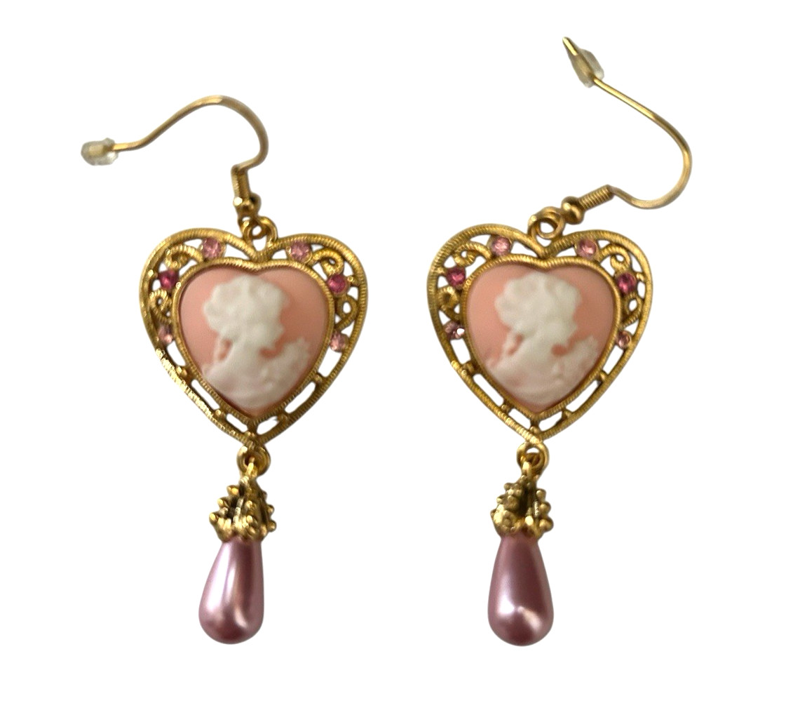 New Lady Cameo Vintage Style Pink Heart Golden Beaded Dangle Earring ER1419