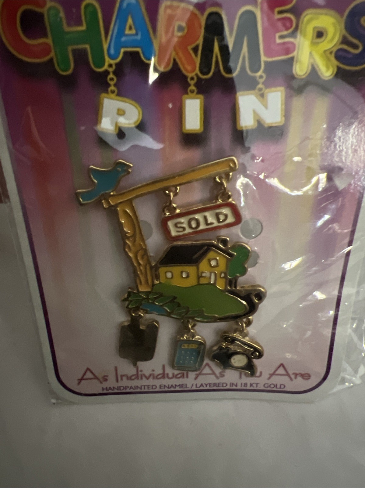 Vintage Charmers Pin 18 kt Gold layered Pin Enamel Realtor Theme Sold Pin Gift