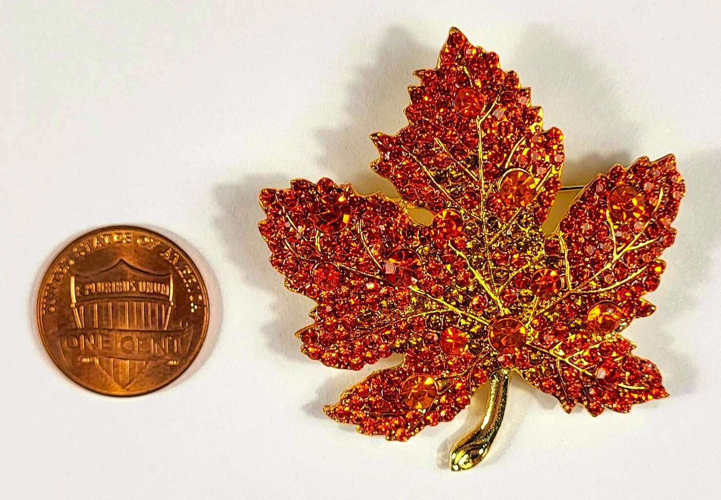 48mm Red Orange Rhinestone Maple Leaf Brooch Fashion Lapel Pin Badge + Gift Box