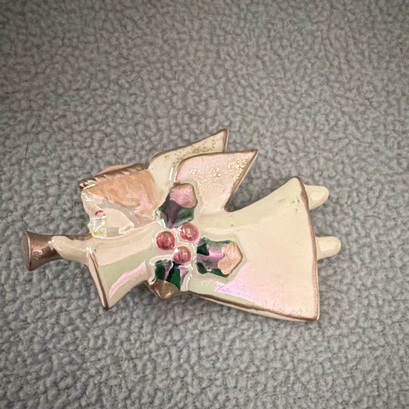 Angel Shaped Brooch Ceramic Enamel White Pink Green Gold Christmas Theme