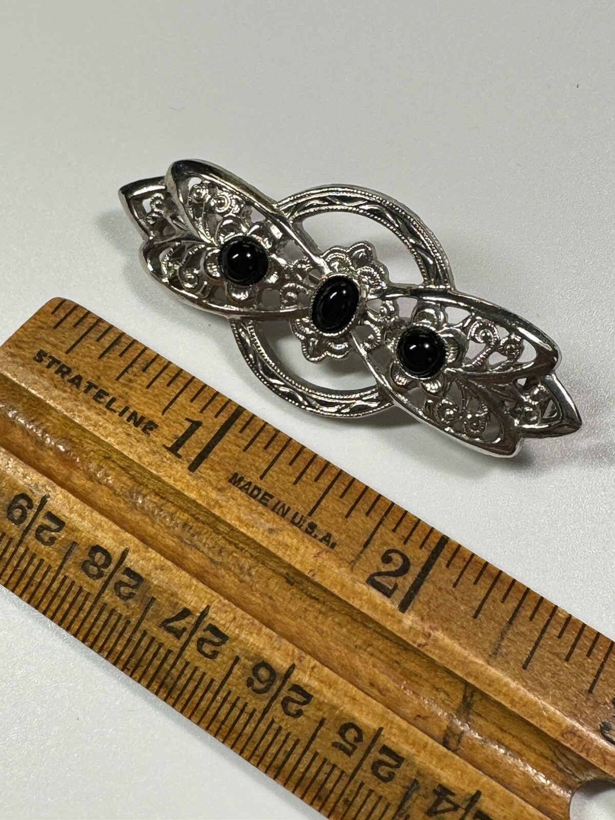 Vintage Silver Tone Brooch Bow Pin w/ Black Faux Onyx, Gothic, Victorian Style