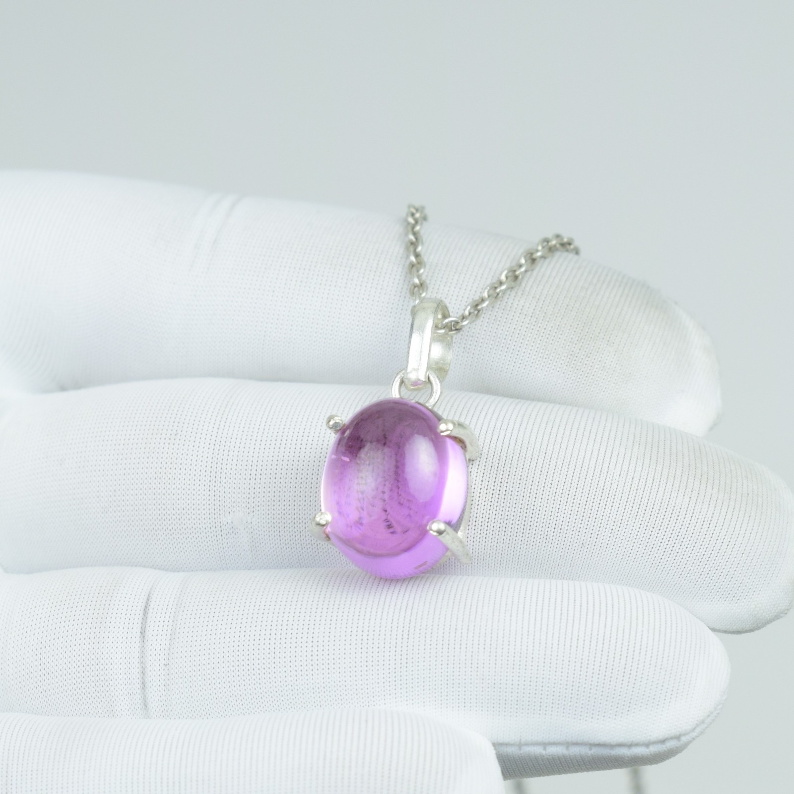 Natural Oval Cabochon Pink Sapphire Necklace, 925 Sterling Silver Pendant,