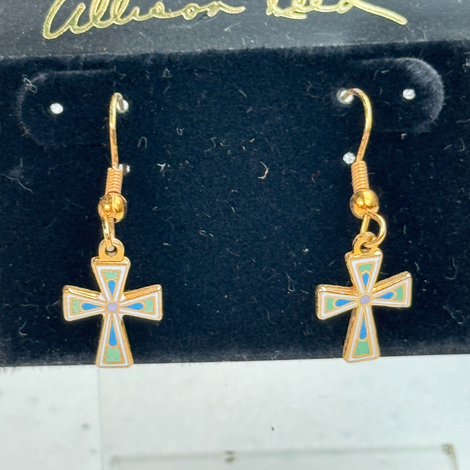 Vintage Allison Reed Earring Small Cross Blue Gold Tone Religious 90s 80s USA