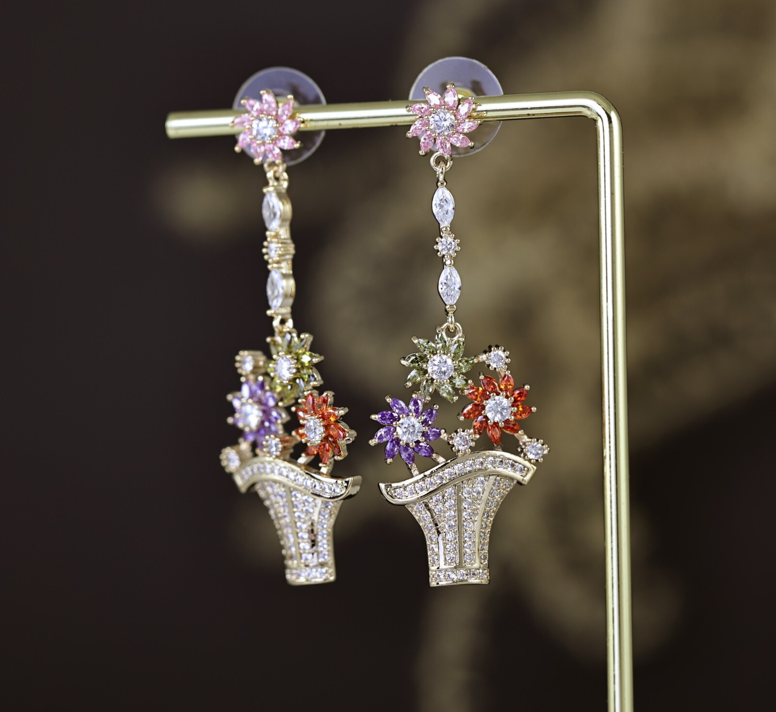 Flower Basket Multi-color CZ Cubic Zirconia Dangle Chandelier Stud Earrings N117