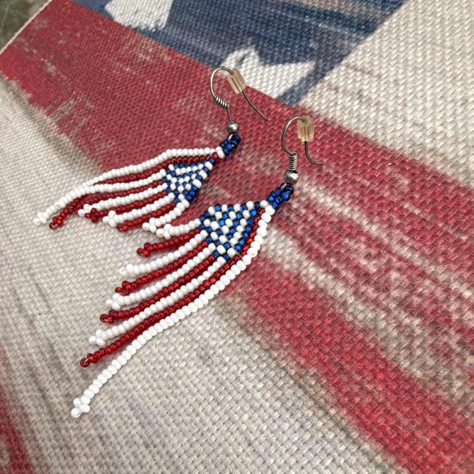 Red White Blue Flag Beaded Dangle/Drop Earrings Hook Closure No Stone