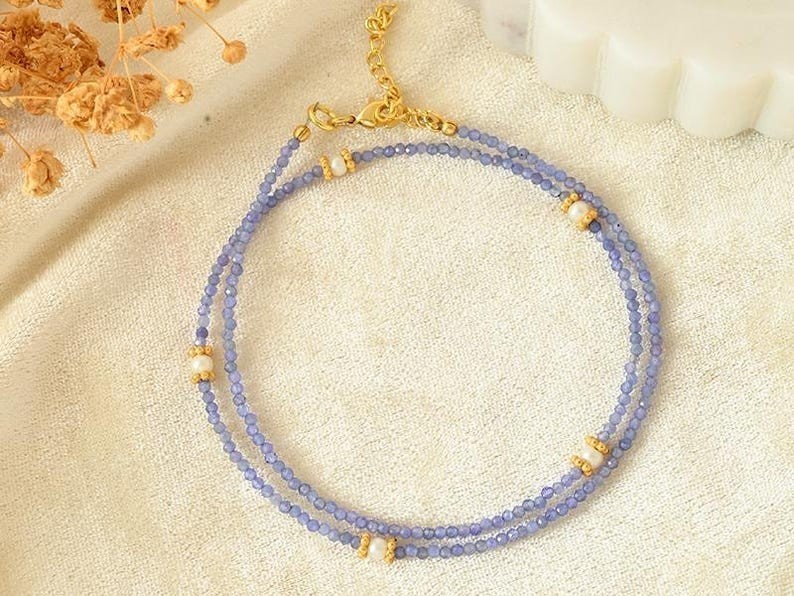 Dainty A++ Tanzanite & Pearl Faceted Round Gemstone Beads Handmade Necklace 24”