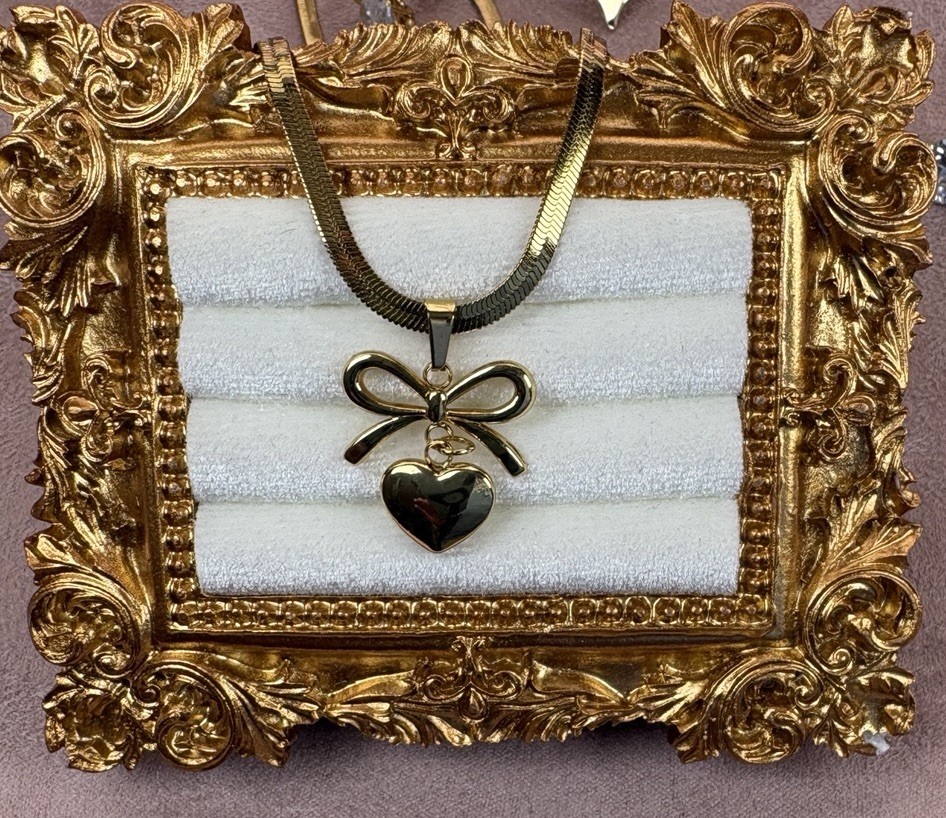 Gold Tone Bow Heart Pendant Jewelry Set Necklace Earrings Imitation Pearl CZ