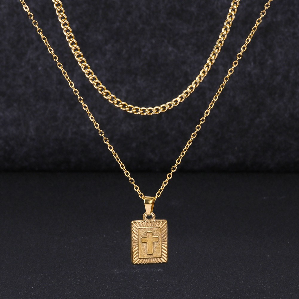 Double Layer Cross Pendant Necklace Gold alloy Plated Cuban Chain Women Neck
