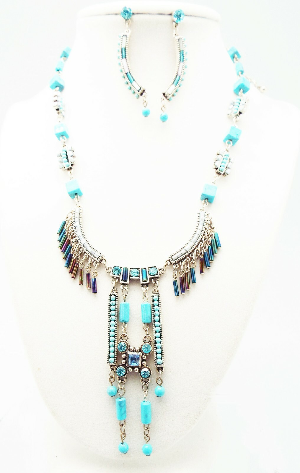 DESIGNER INSPIRED BLUE FAUX TURQUOISE CRYSTAL ACRYLIC SILVER NECKLACE SET NEW