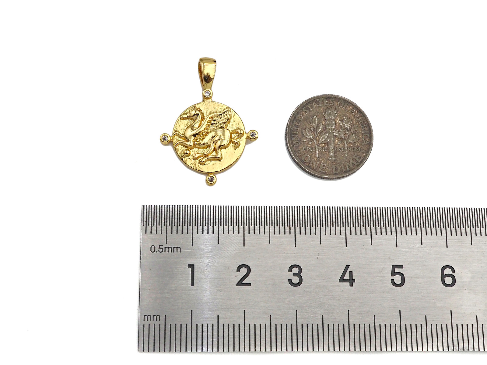 18K Dainty Gold Embossment Pegasus On Round Coin Shape Pendant/Charm, Medallion