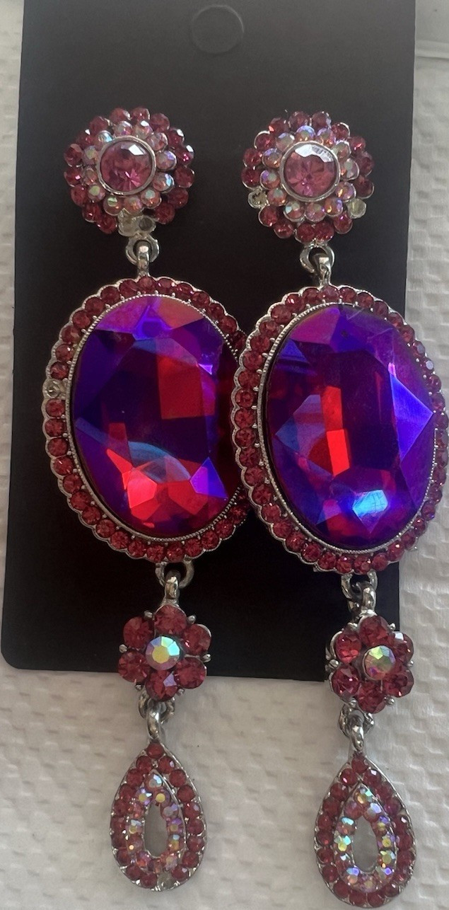 Purple Pink Crystal Chandelier Dangle Drop Earrings Oval Teardrop Red