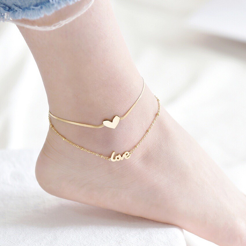 14K Gold Plated Adjustable Layered Love Heart Anklet for Women,Jewelry Gifts