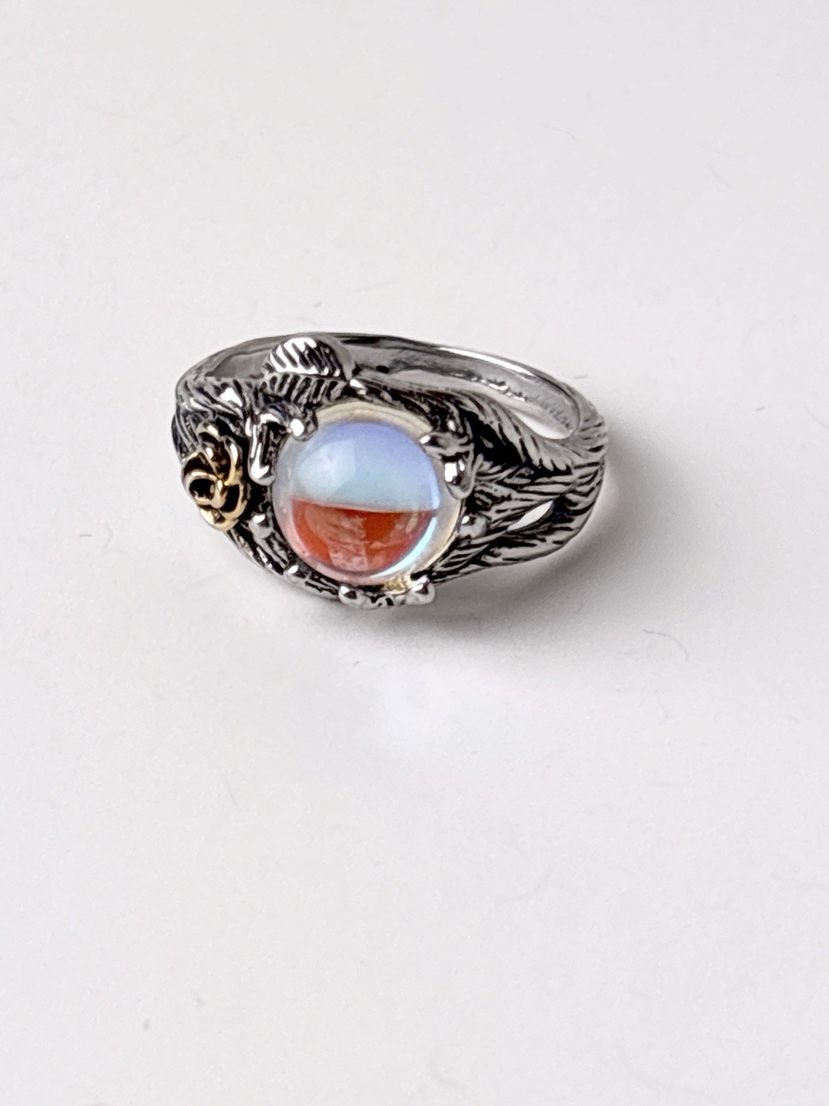 Sterling Silver Flower and Leaf Motif Moonstone Ring in Iridescent Blue Size 7