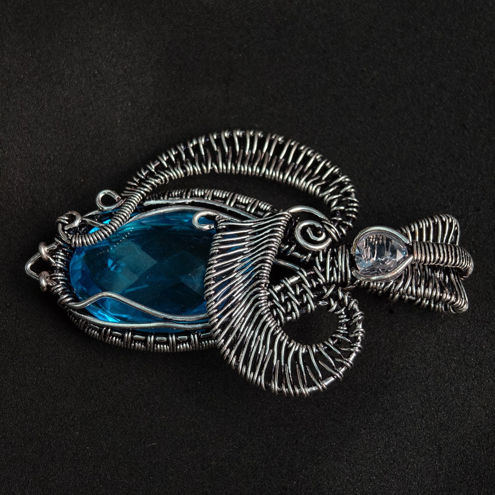 Heady German Silver Wire Wrapped Blue Topaz Pendant, Handmade Statement Necklace