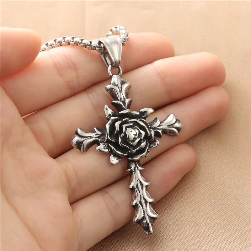 Silver Rose Cross Pendant Christian Necklace Religious Jewelry For Men Women 24″