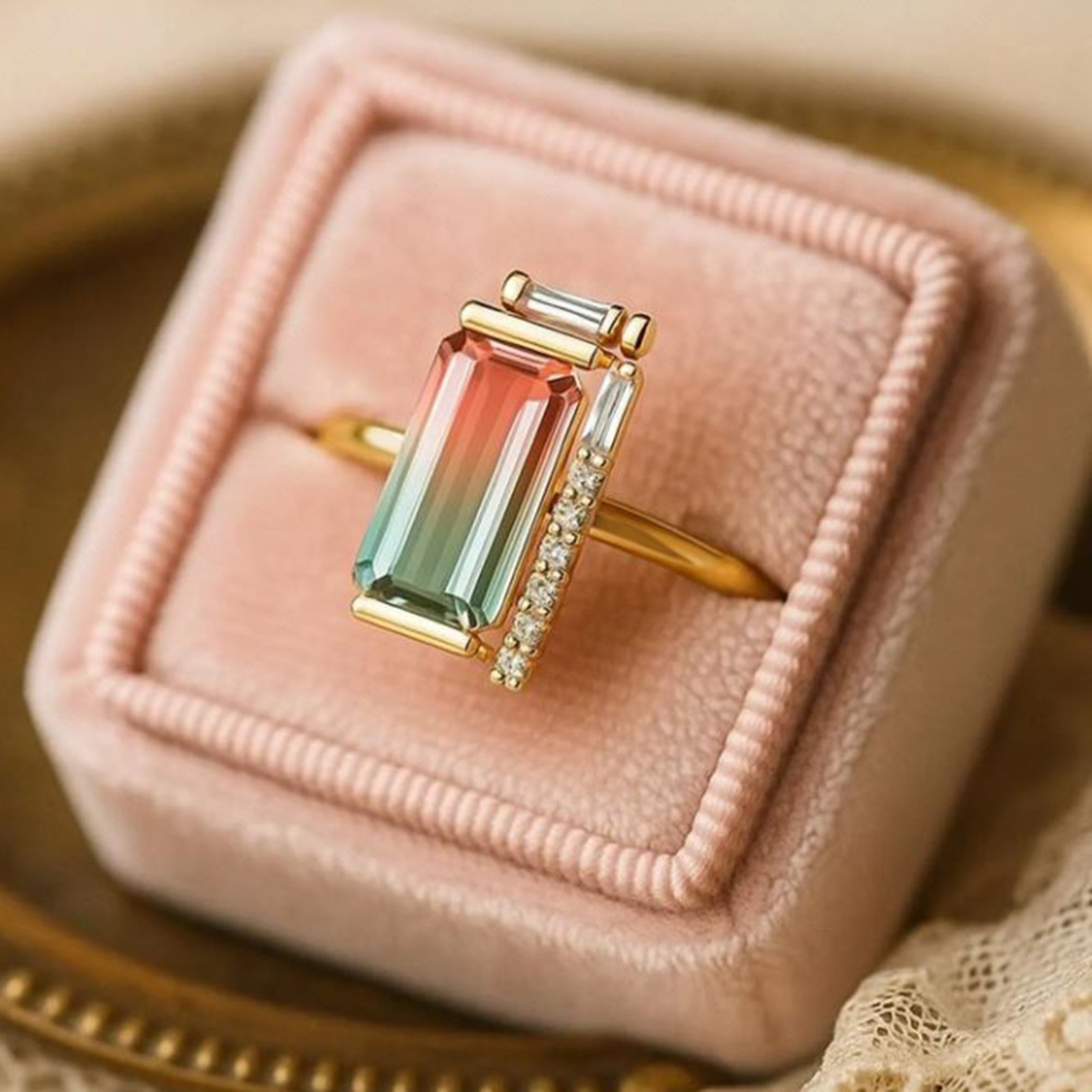Baguette Cut Watermelon Tourmaline Engagement Art Deco Ring, Antique Jewelry