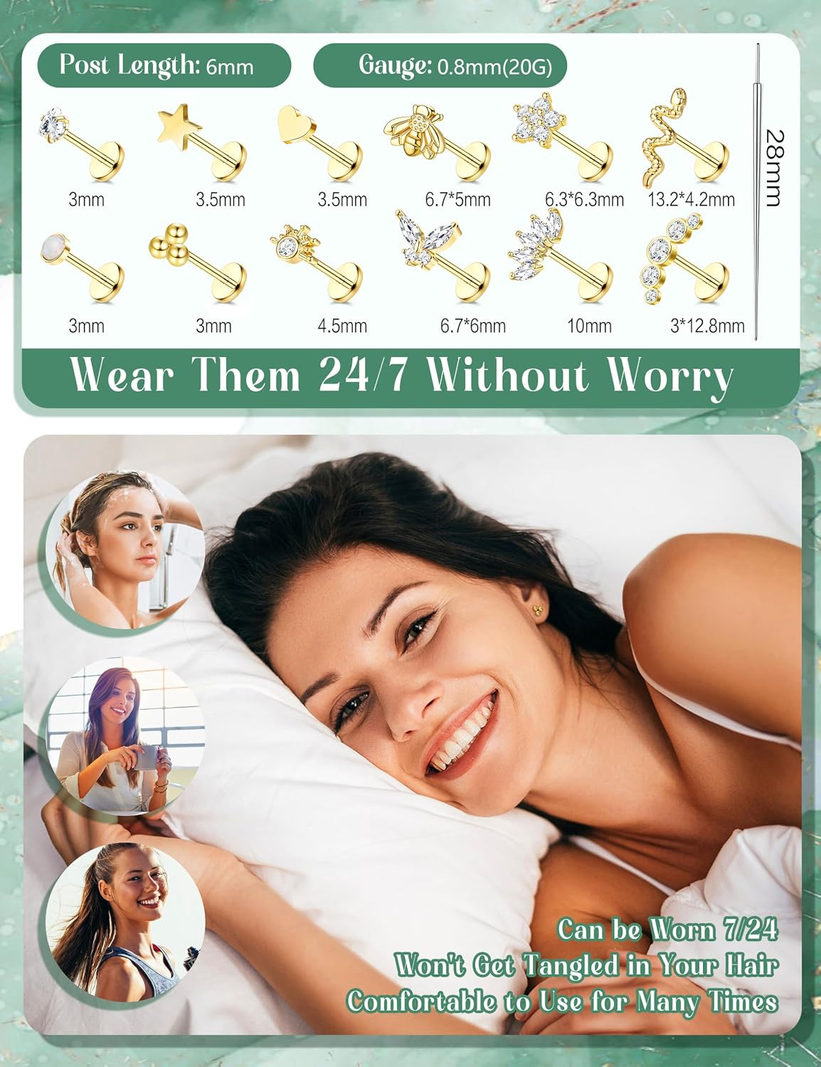 14K Gold Plated Push in Stud Earrings, 316L Surgical Steel Flat Back Earrings Th