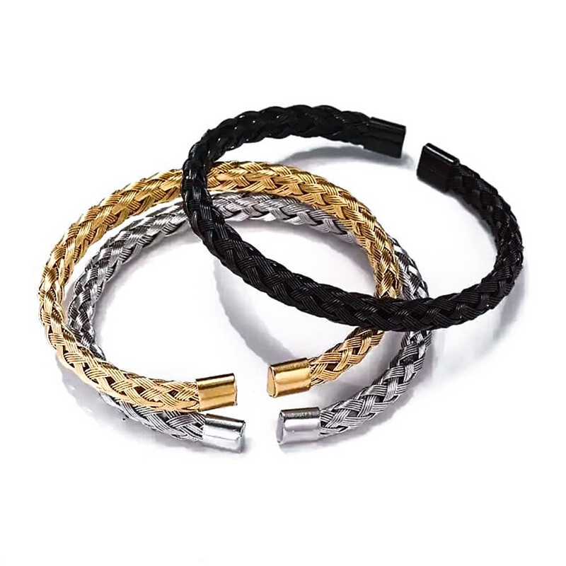 Luxury Stainless Steel Wire Braided Open Cuff Charm Wristband Bangle Bracelets