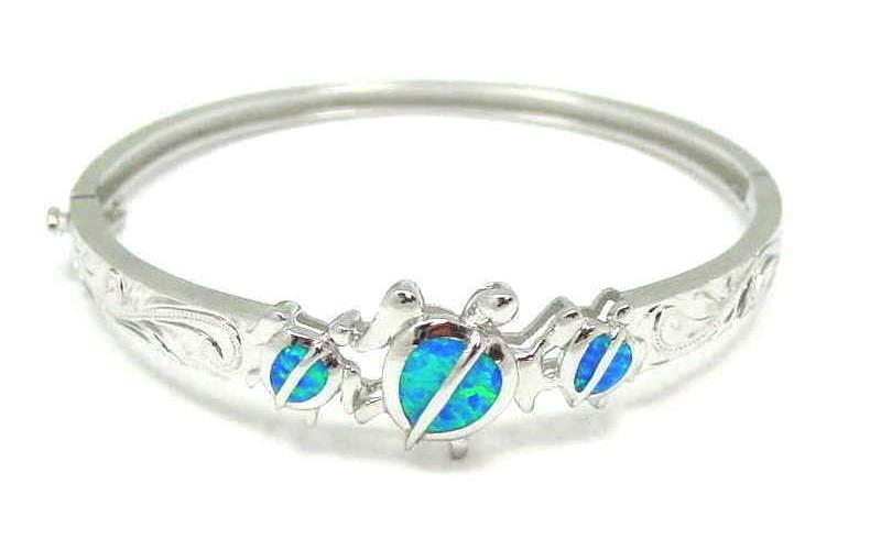 INLAY OPAL HAWAIIAN HONU TURTLE SCROLL BANGLE BRACELET SOLID 925 STERLING SILVER