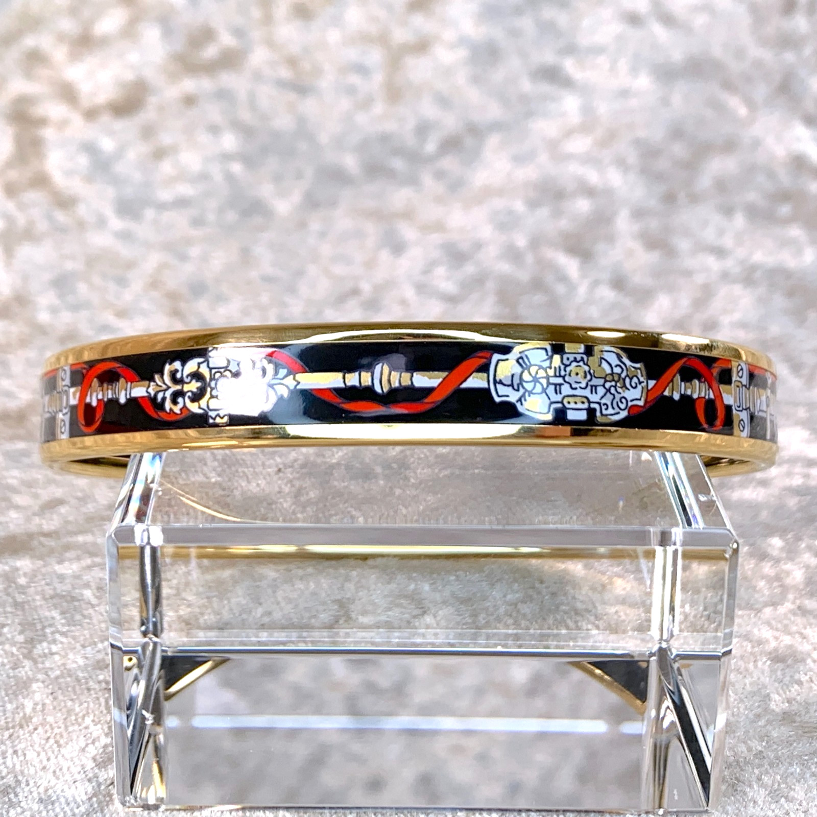 Vintage Hermes Bangle Bracelet Black Red Enamel Gold Rim Size 70 with Box